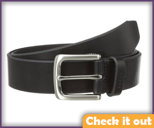 Black leather belt with a silver buckle.