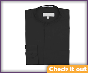 Black Banded Collar Long-Sleeve Dress Shirt. 